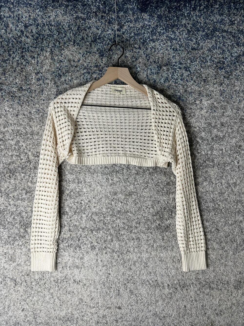 L'AGENCE Shrug Sweater Womens Small White Open Knit Long Sleeve Cropped Bolero